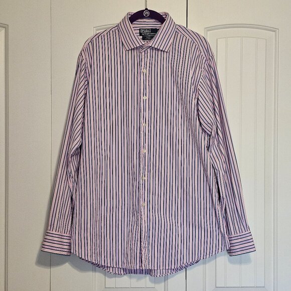 Men's Polo Ralph Lauren Regent‎ Button Up Shirt 17 34/35 Pink Blue Stripe - Picture 1 of 7